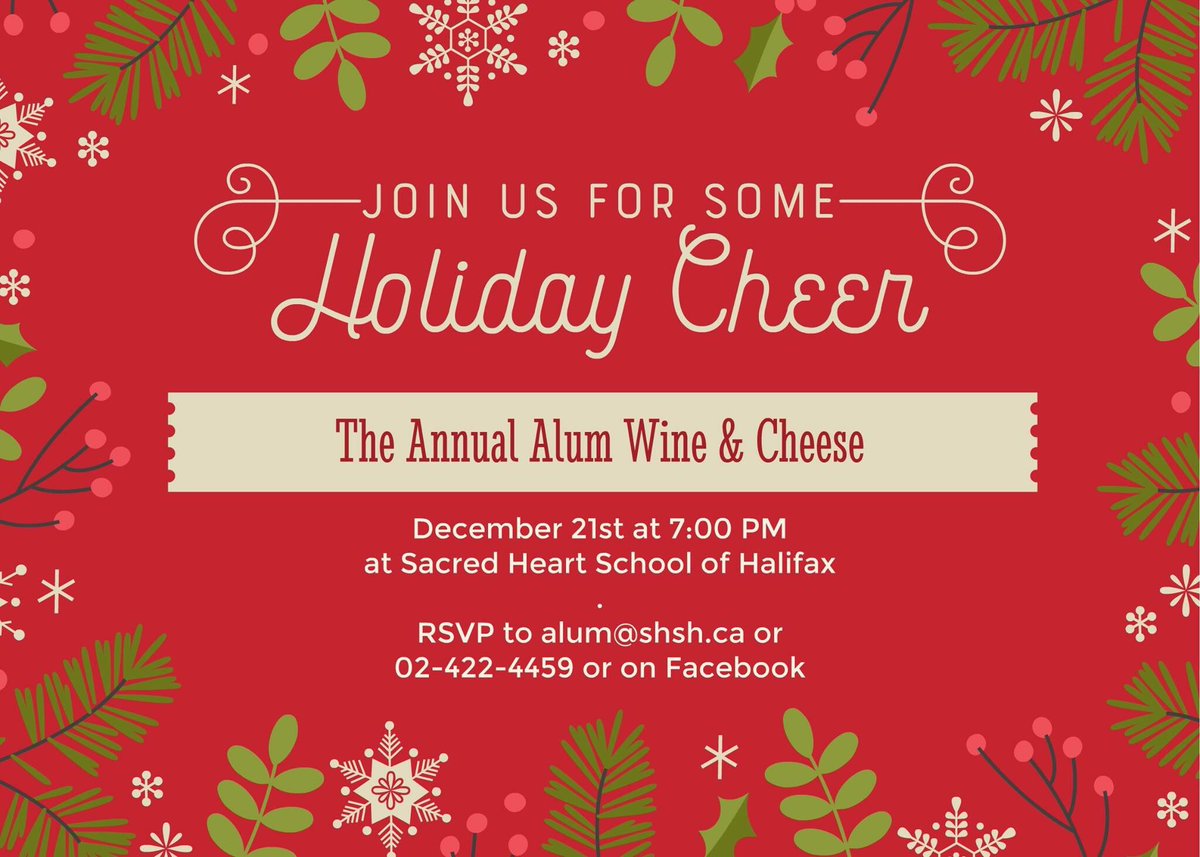 SHHfxAlum's tweet photo. Join us this holiday season @SacredHeartHfx at the annual wine &amp; cheese 🍷 🎄🎁 https://t.co/RMIuewogrp