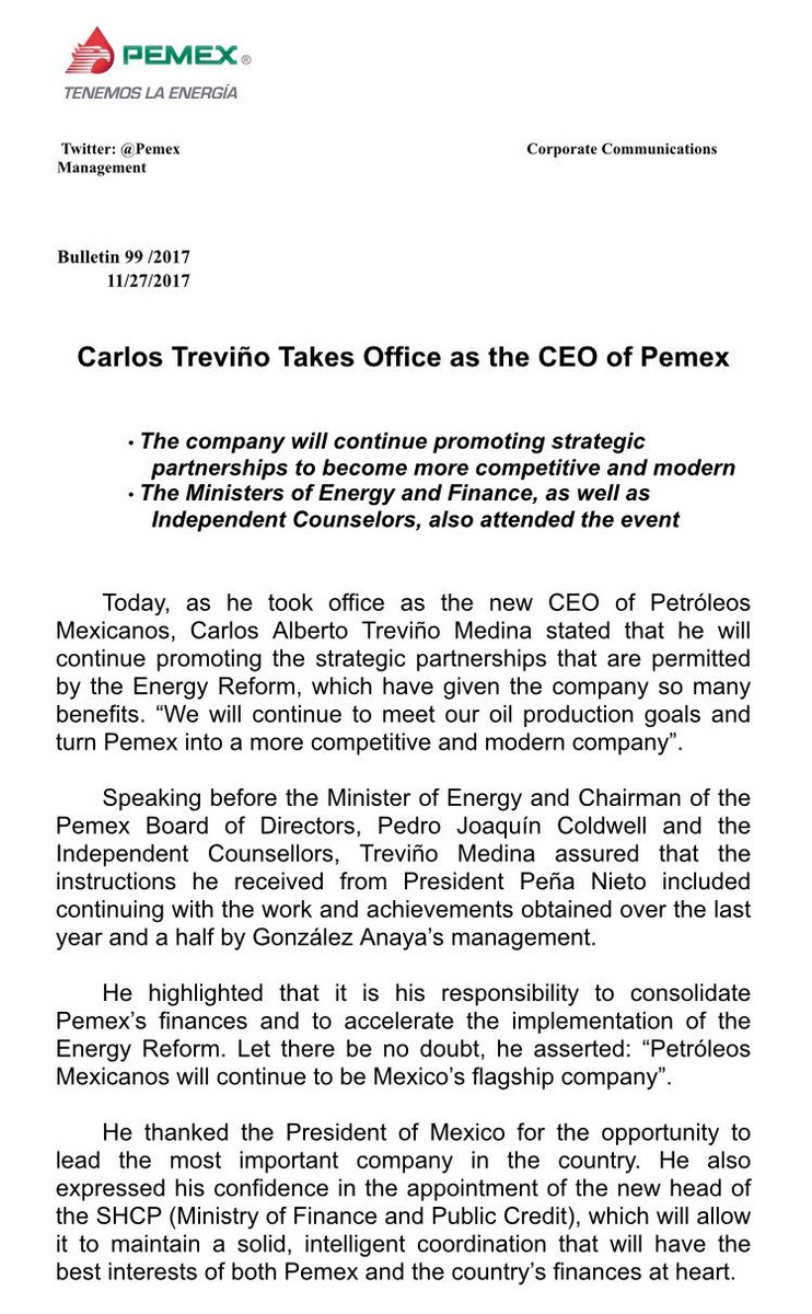 PemexGlobal's tweet photo. Carlos Treviño Takes Office as the CEO of Pemex 
 https://t.co/Lu3uG39HFu https://t.co/uwLlH5jLtt