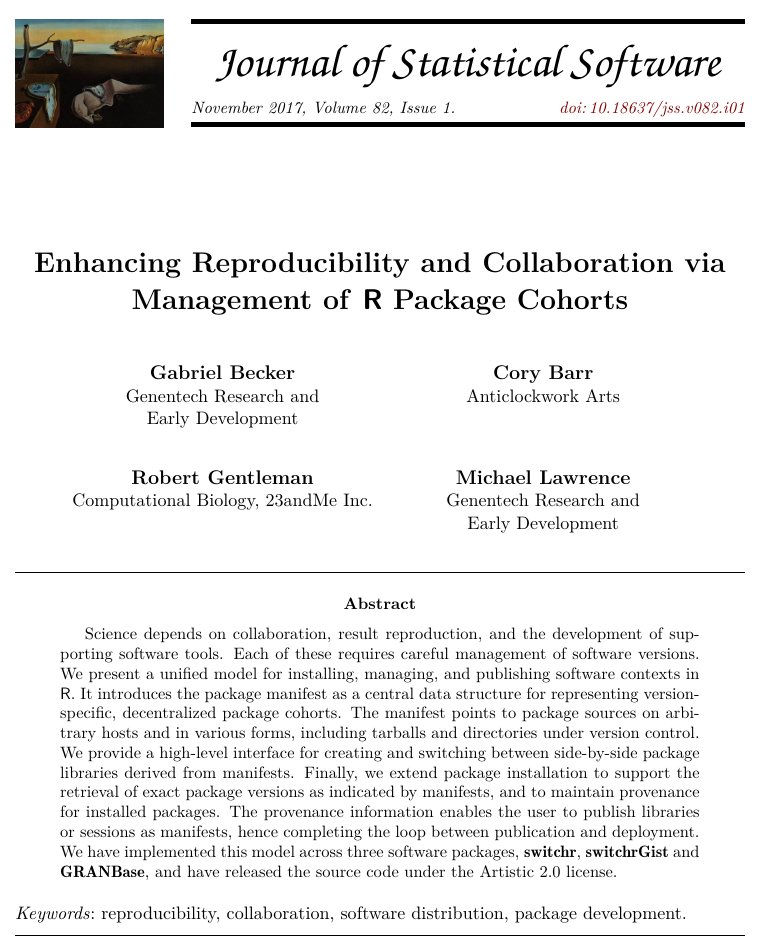 AchimZeileis's tweet photo. Just out in @jstatsoft: #rstats packages switchr, switchrGist, GRANbase for reproducibility and collaboration via management of R package cohorts. https://t.co/WEwGmH7oCC By @groundwalkergmb @lawremi Cory Barr, and Robert Gentleman. https://t.co/ha50rwkkVs