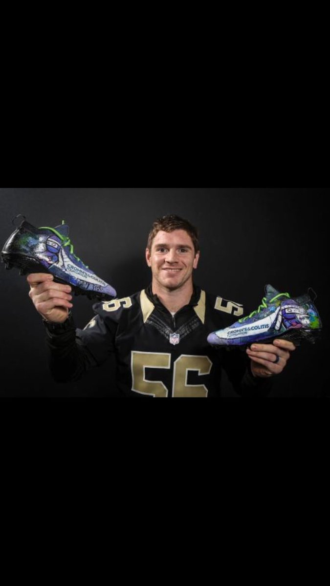 Michael_Mauti's tweet photo. Excited wear these this cleats Sunday for @Saints  #MyCauseMyCleats repping the @CrohnsColitisFn &amp; @ColitisNinja for helping raise awareness &amp; providing resources for ppl w/ IBD related diseases!
Big thanks to @Pappionartistry
for the paint job! https://t.co/KVjJMC9iIa