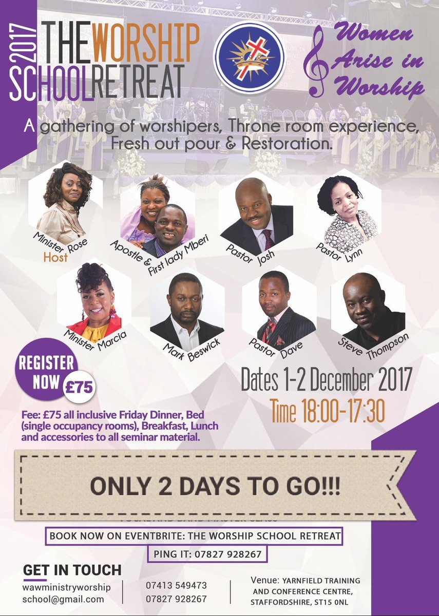 WAWMinistry's tweet photo. 📣ONLY 2 DAYS TO GO📣

Worshipers GET READY!!!

Teaching, Training, Mentoring, Empowerment, Worship, Encounter.

*Young Worshipers 7-15yrs old  expert teachers, classes pitched at an age appropriate level*

📣📣📣Register TODAY📣📣📣

#wawretreat #Worship #singers #musicians https://t.co/5i5yZvVU4F