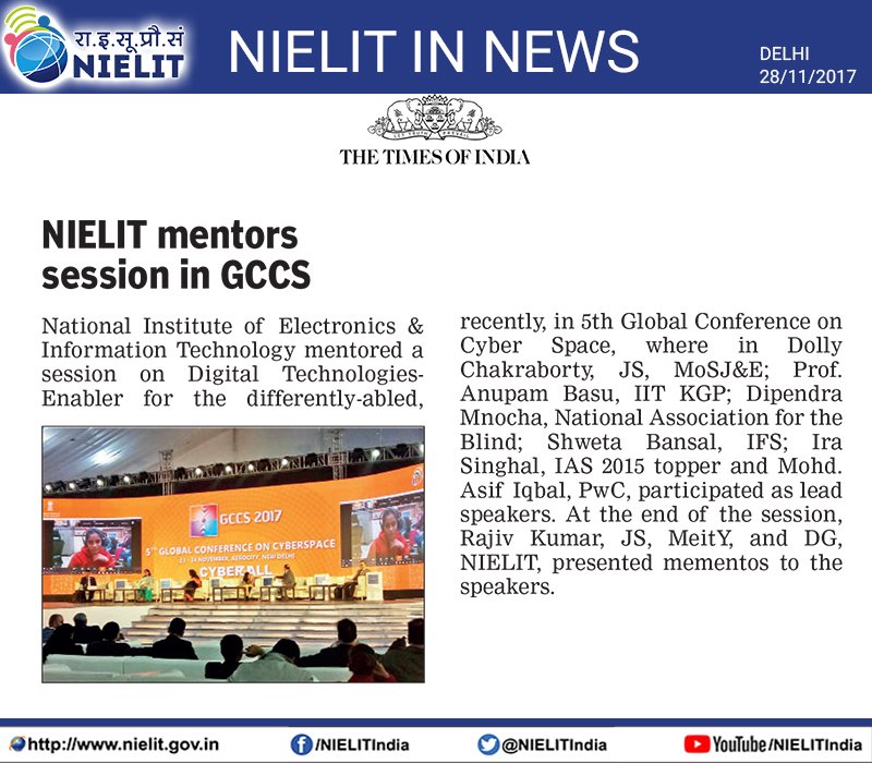 NIELITIndia's tweet photo. #NIELIT in News: NIELIT mentored a session on Digital Technologies: Enabler for the differently abled, on November 24, 2017, in 5th Global Conference on Cyber Space.
More details on: https://t.co/ys6uk343D2
@rsprasad @gccsofficial https://t.co/nJEa8cLUj6
