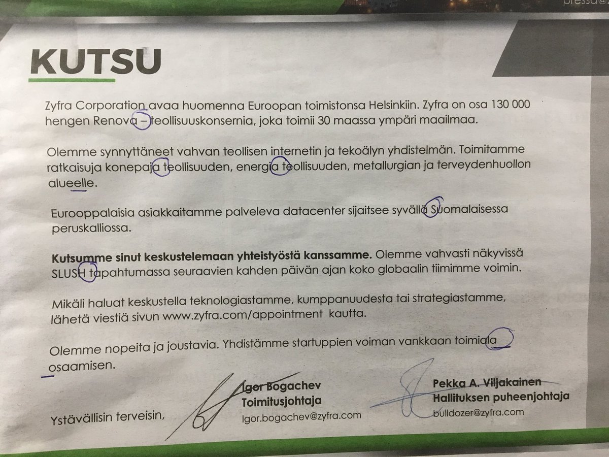 Fiksu firma nimeltään #Zyfra. Laittaa mainoksen valtakunnan päätalousmediaan #kauppalehti ja sortuu 7 kirjoitusvirheeseen.
