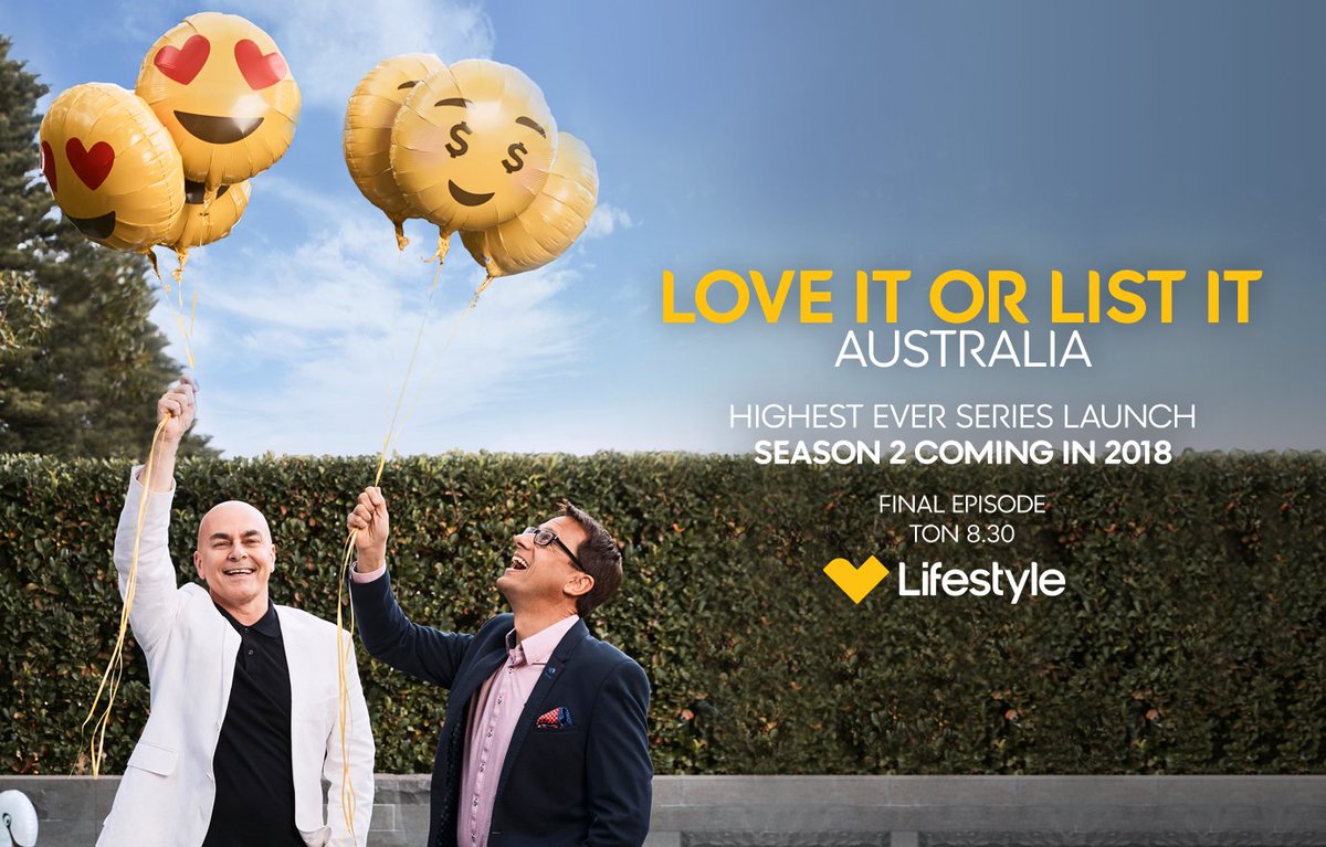 The #LoveItorListItAustralia finale airs tonight at 8.30pm on @LifeStyleTV. Congratulations on #LIOLIA being one of the top 3 most successful series across <a href="/Foxtel/">Foxtel</a> platforms! #teamlistit @andrewtwinter #NealeWhitaker #BeyondProductions