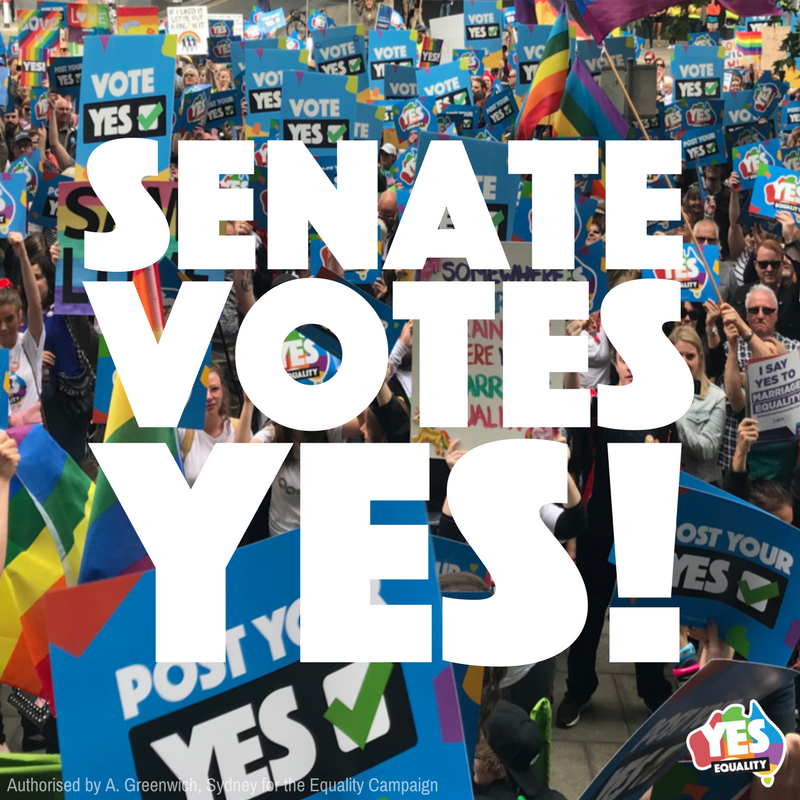 AMEquality's tweet photo. BREAKING: Australian Senate has passed the #MarriageEquality bill by 43 votes to 12! This is historic — and it’s because of you. We did this together!

Next week it heads to the House of Representatives. It’s time for our MPs to get this done. https://t.co/5mFJlZPktw