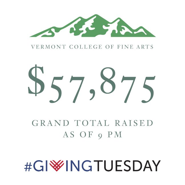 VCFA's tweet photo. You guys are killing it. We have fewer than three hours to go, and we’re on our way to making our goal. More gifts = more scholarships for deserving artists. Let’s go! https://t.co/yoV3X8TTQT #SupportVCFA #VCFAlove #artmorethanever @givingtues https://t.co/xWEt4JjnqM
