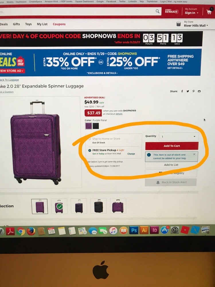 vinotourist's tweet photo. @askjcp I found a smoking cyber deal on luggage! Visited my local store to try it out. Loved it! Put it in my cart &amp; 🙁 Please advise. https://t.co/xiApb1Fvec