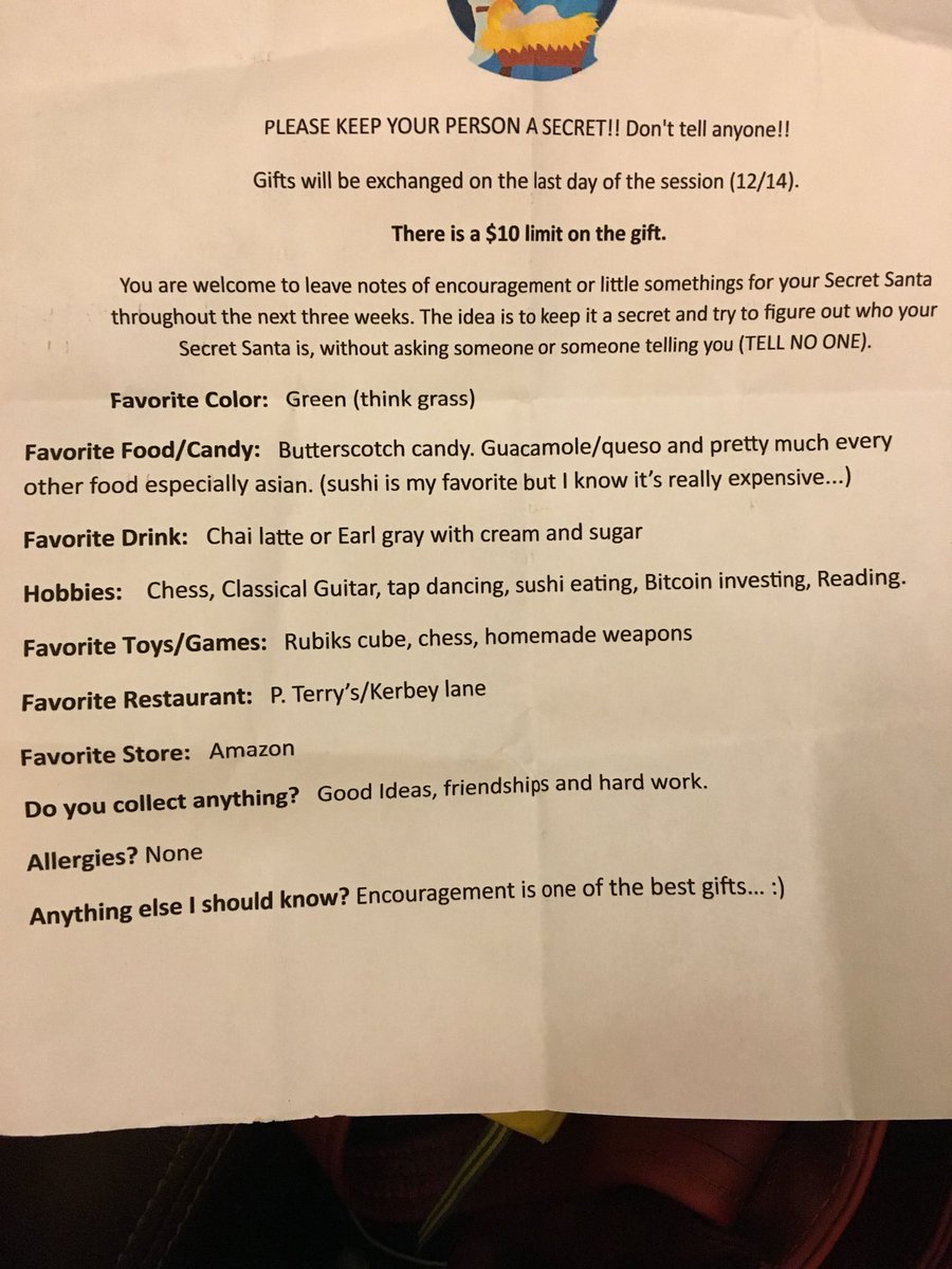 tsh's tweet photo. My 9-yr-old kid got this person as his Secret Santa recipient at school, and I just love this so much. #bitcoin #tapdancing #earlgray #sushieating #homemadeweapons🤷🏼‍♀️ #goodideas https://t.co/BLHZ89ku46