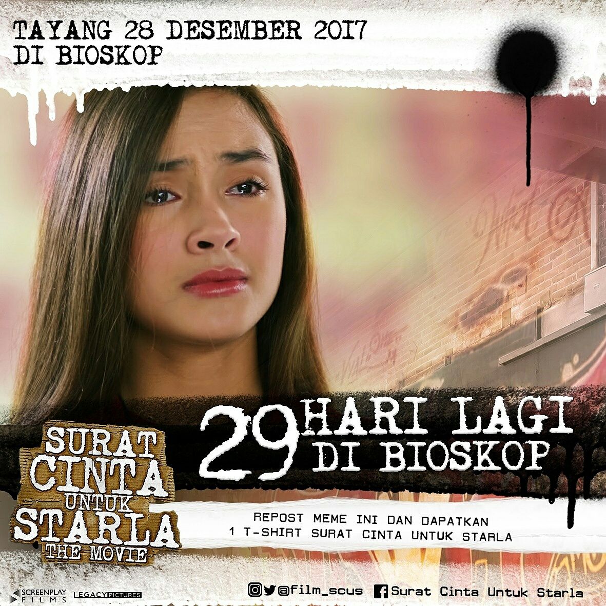 29 HARI LAGI #SuratCintaUntukStarlaTheMovie TAYANG di Bioskop! Sambil nunggu 28 Desember 2017 ikutan kuis berhadiah 1 T-Shirt <a href="/film_scus/">SuratCintaUtkStarla</a> yuk! Caranya: REPOST meme ini, Tag IG <a href="/film_scus/">SuratCintaUtkStarla</a> , sertakan Hastag #KuisRepostSCUS dan Tag &amp; Mention 5 orang teman kamu. Goodluck!