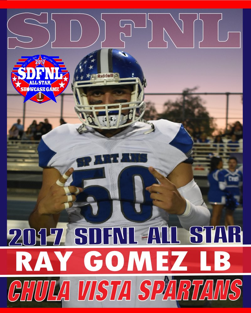SDFNLMagazine's tweet photo. 🚨SDFNL All Star Roster Alert: SDFNL would like to welcome Chula Vista Spartans @SpartansHOC LB Ray Gomez @Ray_Gomez50 6’2, 225 Lbs. #sdfnlallstar17 https://t.co/HQFvXYyUKx