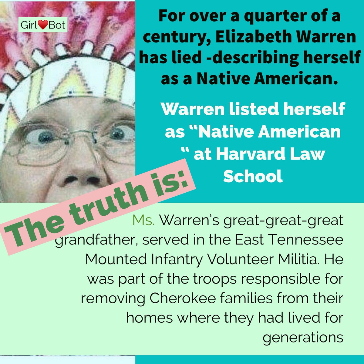 AMErikaNGIRLLL's tweet photo. For over a quarter of a century, #FakeElizabethWarren LIED describing herself as a Native American. The truth is-her Great great great Grandfather actually was the one who helped remove Cherokee Families from their homes💥#Wednesdaymotivation
Breitbart https://t.co/PujVAZtRYN https://t.co/thbJX4Dvo2