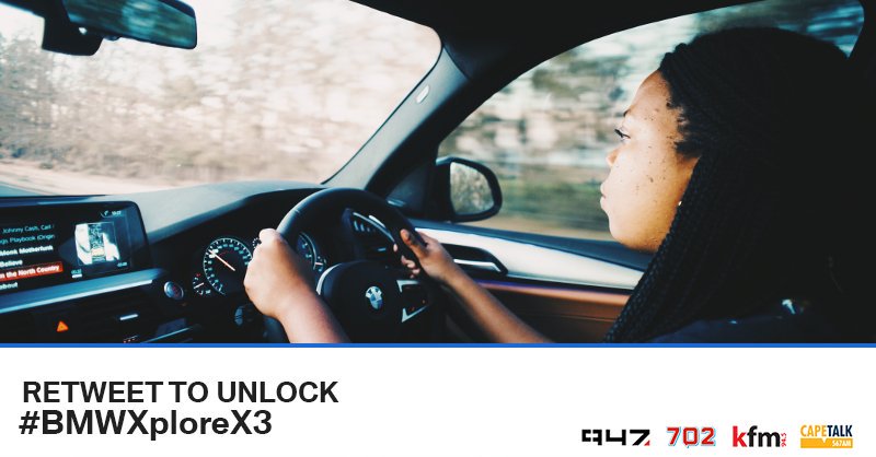 RETWEET THIS to unlock fantastic prizes LIVE with <a href="/sboshmafu/">Sibongile Mafu</a>, <a href="/BMW_SA/">BMW South Africa</a> and #BMWXploreX3!