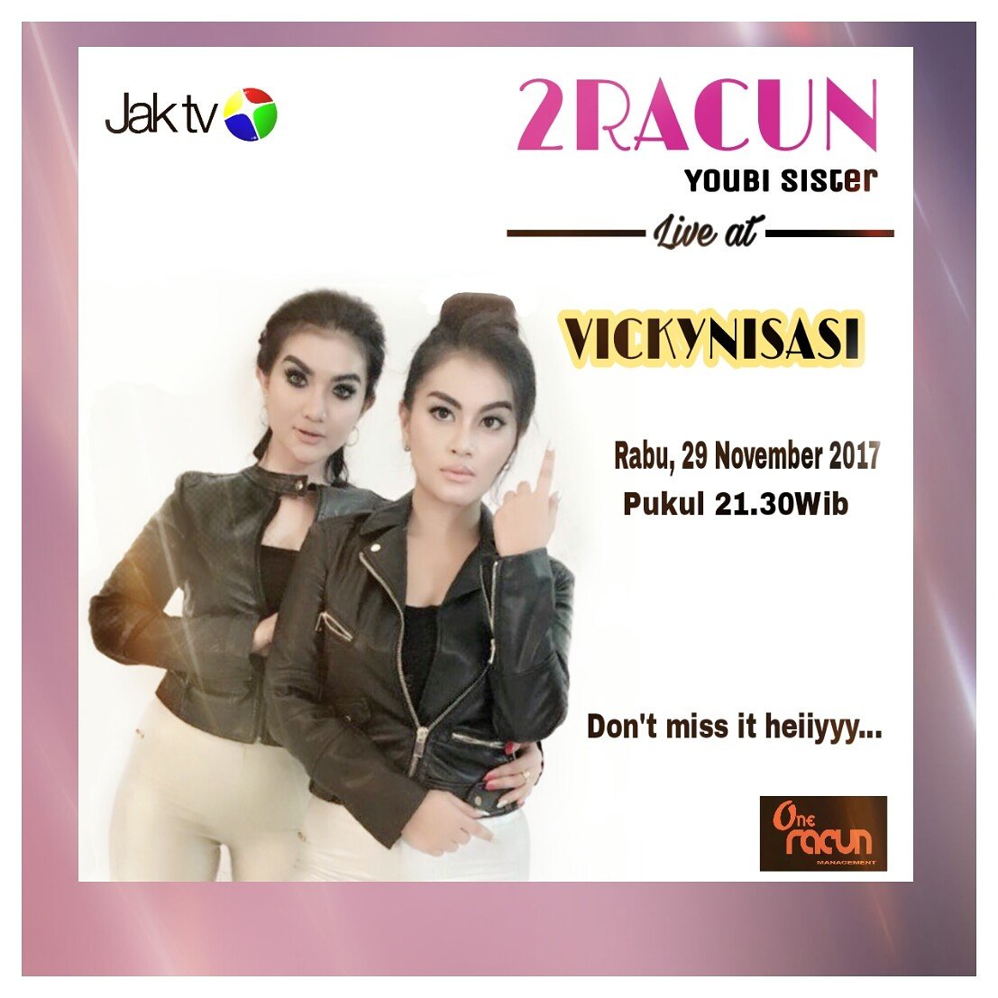 Jgn lupa guys <a href="/2racunYS/">2RACUN YoubiSister</a> live at #Vickynisasi <a href="/JaktvCom/">JakTvOfficial</a> cc: <a href="/ginayoubi/">gina youbi</a> <a href="/Gitayoubi/">Y O U B I Sister</a> #SalamHeeeiiiyyy 
Jangan terlewatkan guys....