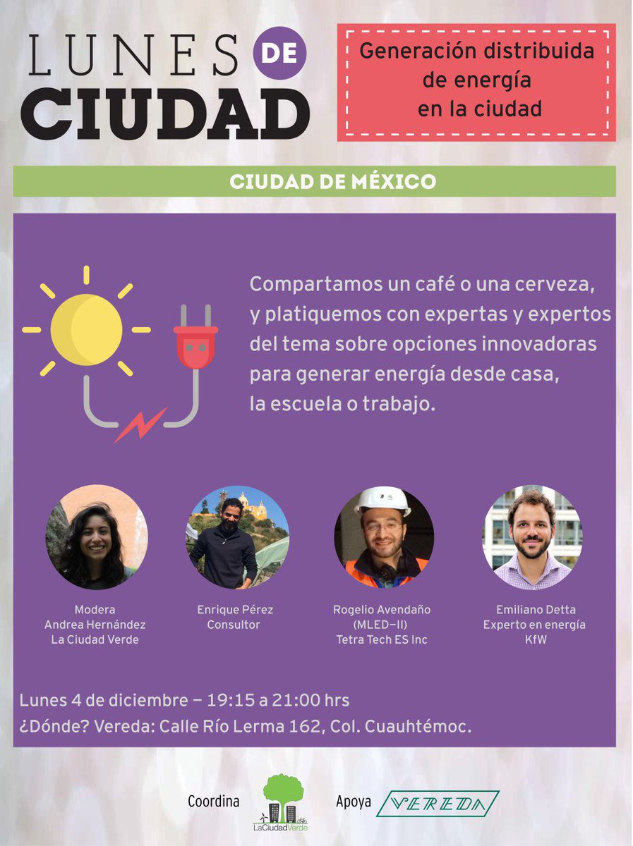 davidxontreras's tweet photo. El próximo lunes 04 de diciembre en #LunesDeCiudad organizado por @LCVcdmx hablarán de #GeneraciónDistribuida no se lo pierdan @h_hdz1 @vicfc7 @CHEQUI51 @JoseCelisMX @mendobarro nos vemos en @veredaplanv https://t.co/YadSRsgtaf