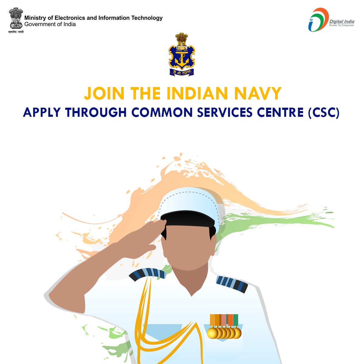 _DigitalIndia's tweet photo. An Ocean of #Opportunities: You can fill and submit the online application form for @IndianNavy through 2.7 lakh @CSCegov_ across India. #LifeMadeEasy #DigitalIndia #IndianNavy https://t.co/YppkGRDhOy