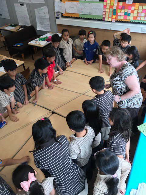 5throcks's tweet photo. If you can't solve the problem on the paper, make the table the problem! 5TH students decide to use modeling to solve a challenging fractions problem. #rchkpyp https://t.co/ujzipwEUHE