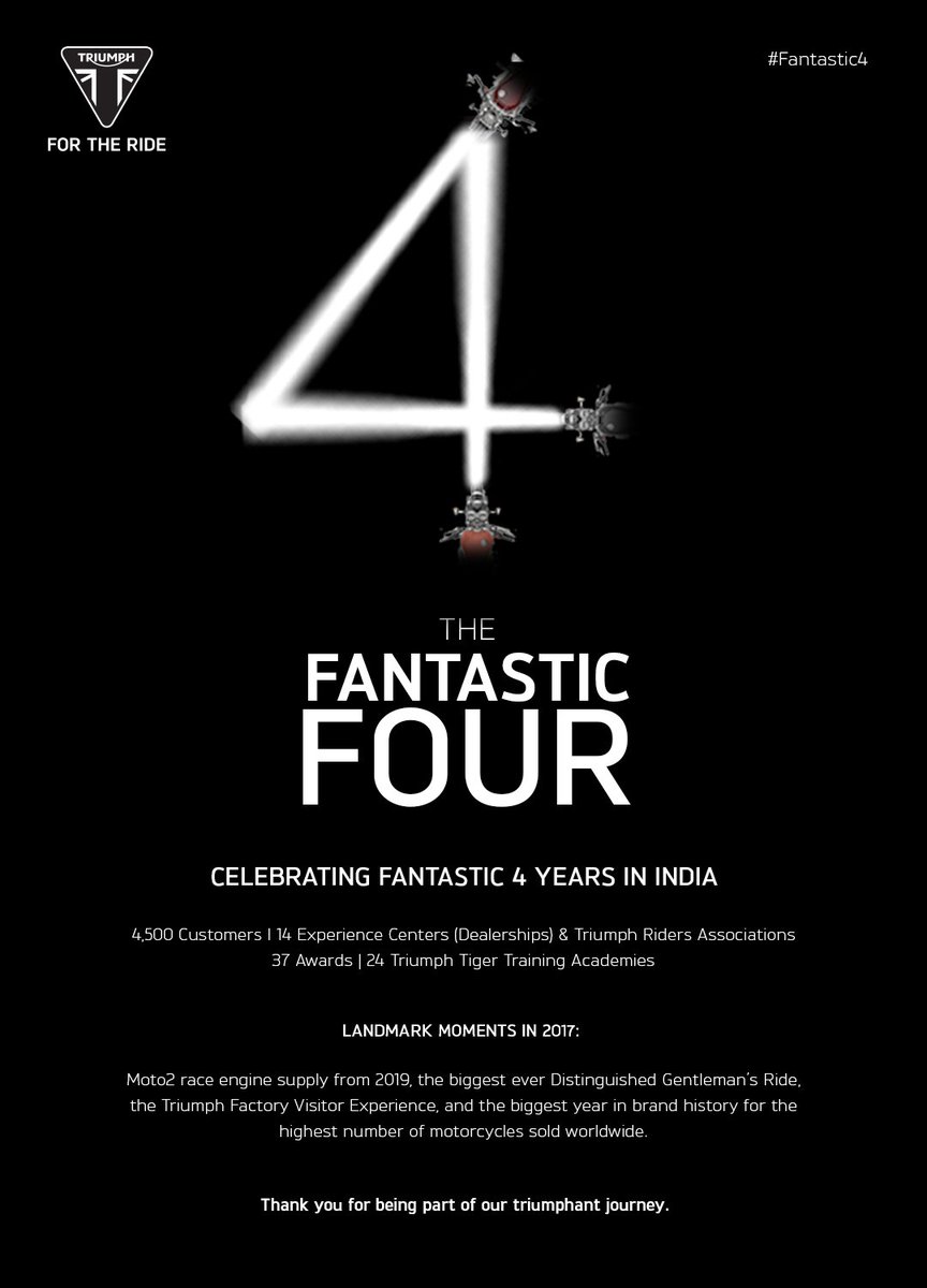 IndiaTriumph's tweet photo. It's been Fantastic Four Years. Thank you for being part of our Triumphant journey. #Fantastic4 #TriumphTurns4 #ForTheRide https://t.co/lC5BgUre11