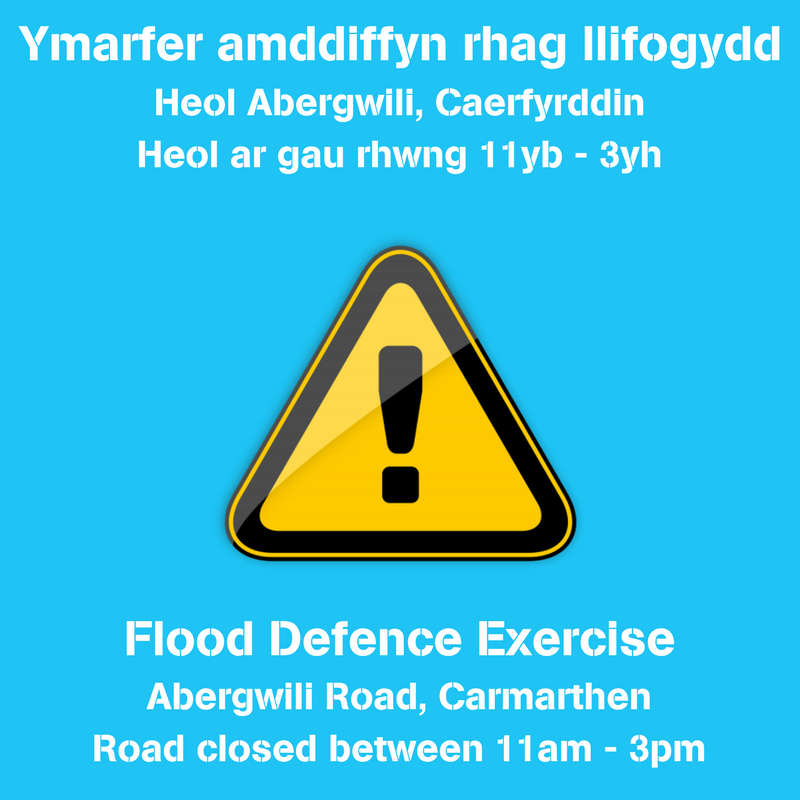 NatResWales's tweet photo. If you're planning on driving through Carmarthen this weekend please be aware Abergwili Road will be closed at 11am for up to 4 hours for a flood defence exercise. More info: https://t.co/4NKlvijBLc https://t.co/sV6uITd0I8
