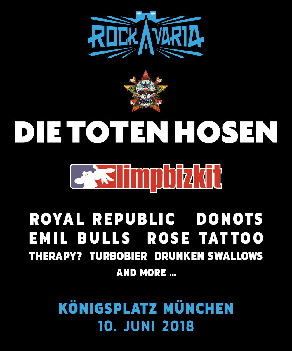 RockavariaMuc's tweet photo. Ein weiteres Rock-Kaliber für Rockavaria! LIMP BIZKIT rocken am 10.06. mit den Toten Hosen den Königsplatz!
Die Band ist Co- Headliner am 10.06.2018 vor den Toten Hosen. Ebenfalls bestätigen wir die britische Rockband THERAPY?
#RAV2018
Tickets ☛ https://t.co/ZjJtfQH4Lh https://t.co/sFHeOyC4XJ