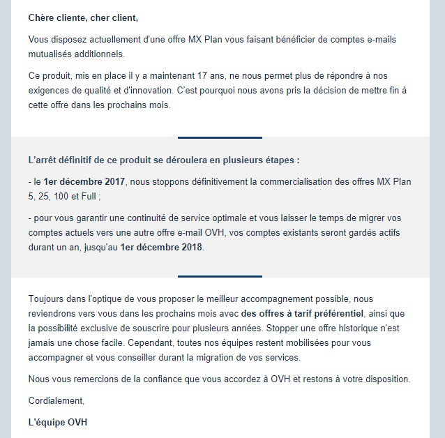 verywelldigital's tweet photo. @ovh_fr En faite :
- vous arrêtez de vendre les MX Plan, un produit sensé être valable sans limite de durée... 
- Vous ne savez pas encore par quoi vous le remplacez... 
- Vous nous laissez 1 an pour nous "laisser le temps de migrer"

C'est une blague ?! https://t.co/0yXShLShqS