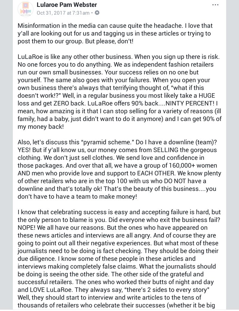 Theczar34's tweet photo. @lularoe @lularoesupport
Such a dirty organization LulaRoe is. They don't properly issue refunds. #crookedpam Webster blames others for their failures while she gets ahead (see image below) #refundsforalllularoe #becauseoflularoe #LuLaRoe #LuLaRoeNoir #lularoesupport #boycottlula https://t.co/jxyqXTv2fV