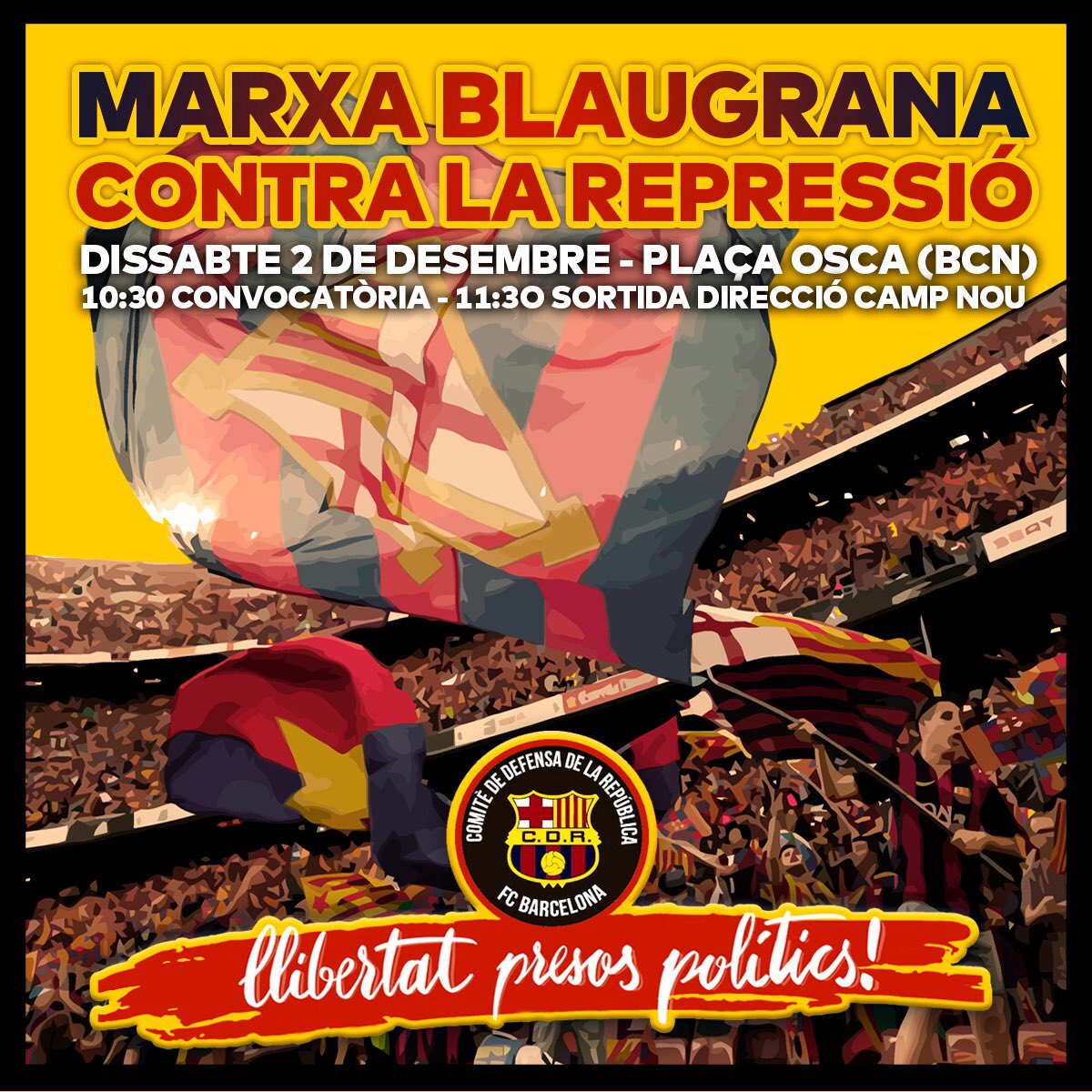 ATENCIÓ: Des del CDR Barça, fem una crida a tot el barcelonisme democràtic a que ens acompanyi, aquest dissabte, en la nostra marxa solidària amb els presos polítics. Feu RT !!!#LliberatPresosPolítics #LlibertatJordis #LlibertatConsellers #fcbarcelona #fcb