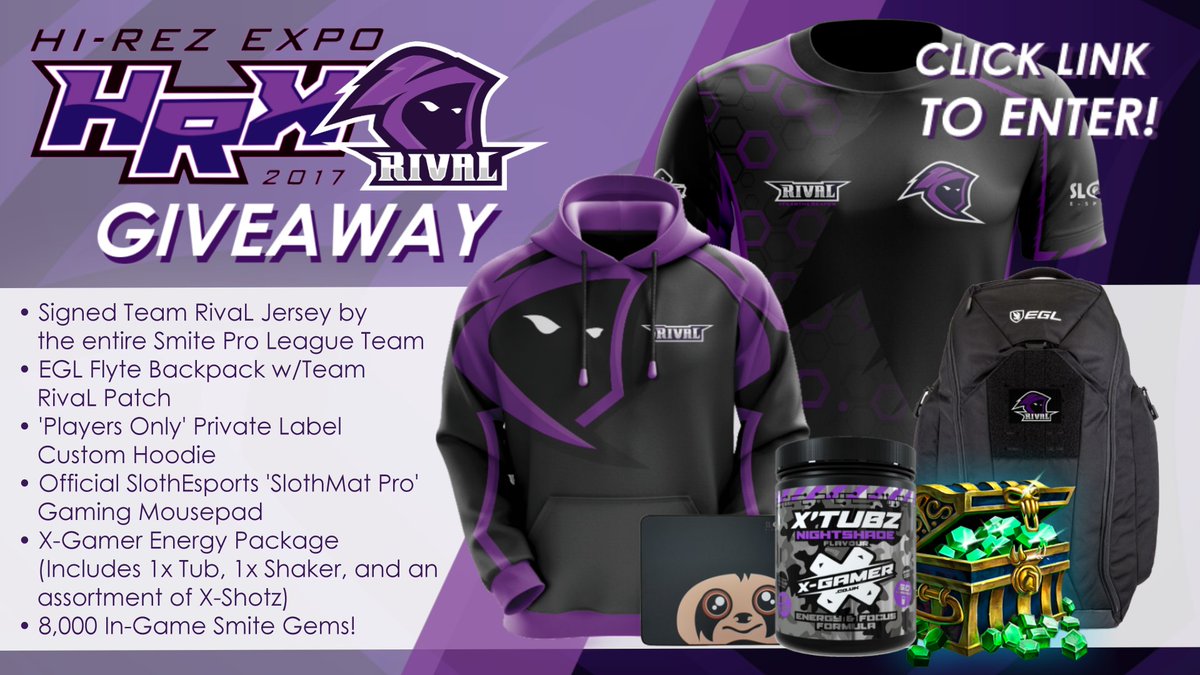Team RivaL HRX 2018 @SmitePro #Giveaway :

Get your hands on a signed RivaL Jersey, an <a href="/OfficialEGL/">EGL</a> Flyte Backpack, 8000 Smite Gems, and more!

Just show our Smite team some support for HRX.

Clink the link below to enter:
teamrival.gg/hrx-2018-givea…

RT &amp; Tag a Friend
#FearTheReaper