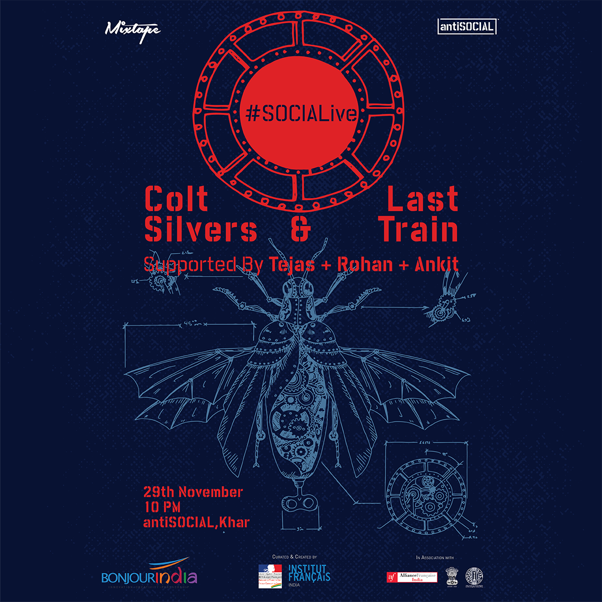 SocialOffline's tweet photo. #SOCIALive ft. Last Train, Colt Silvers & Tejas + Rohan + Ankit, tonight at #antiSOCIALkhar.
https://t.co/FhozYMkdtj https://t.co/ZFJt5MwUoR