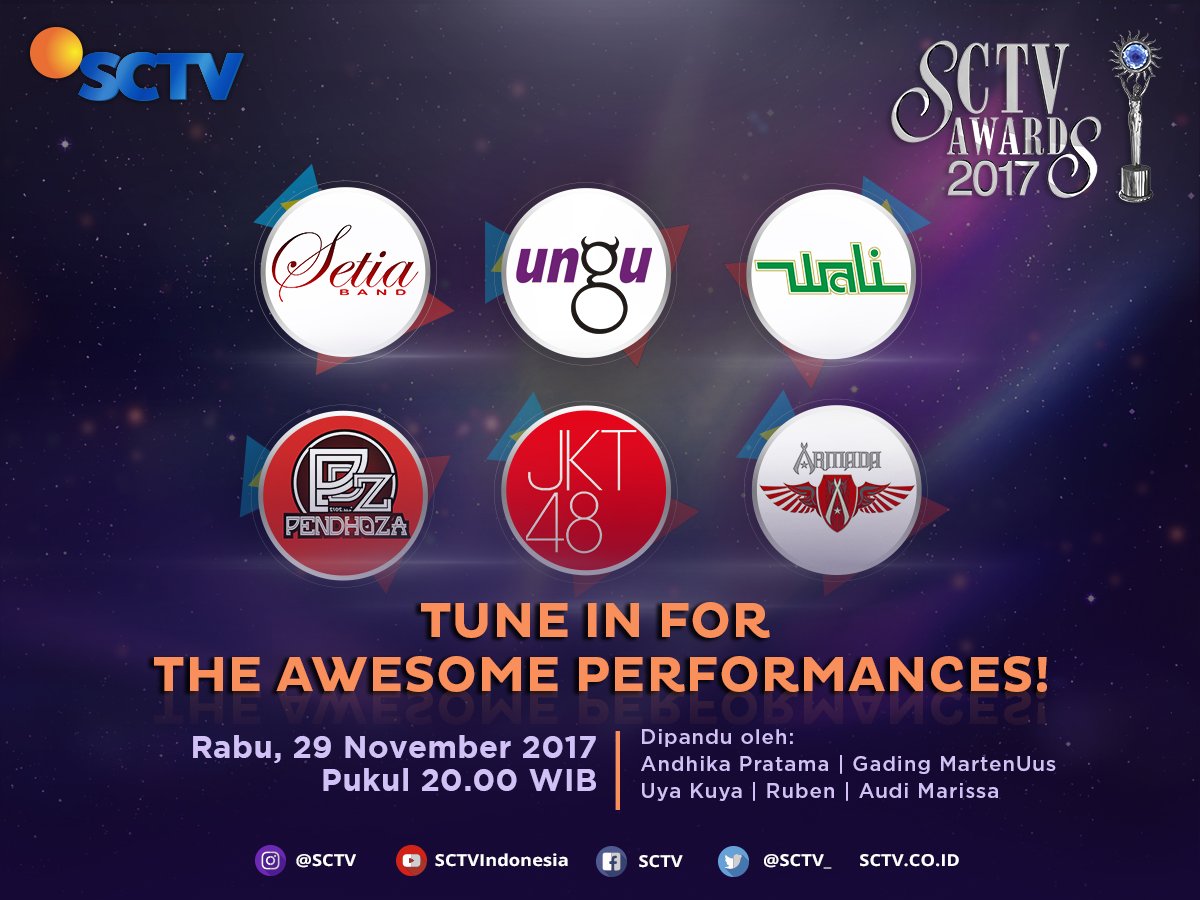 SCTV's tweet photo. Tune in for the awesome performances!
Penampilan siapa yang kalian tunggu di #SCTVawards2017 ?
@UNGU_Tweet @bandwali @officialJKT48 @band_Armada #SetiaBand https://t.co/IiZLOg3N5Z