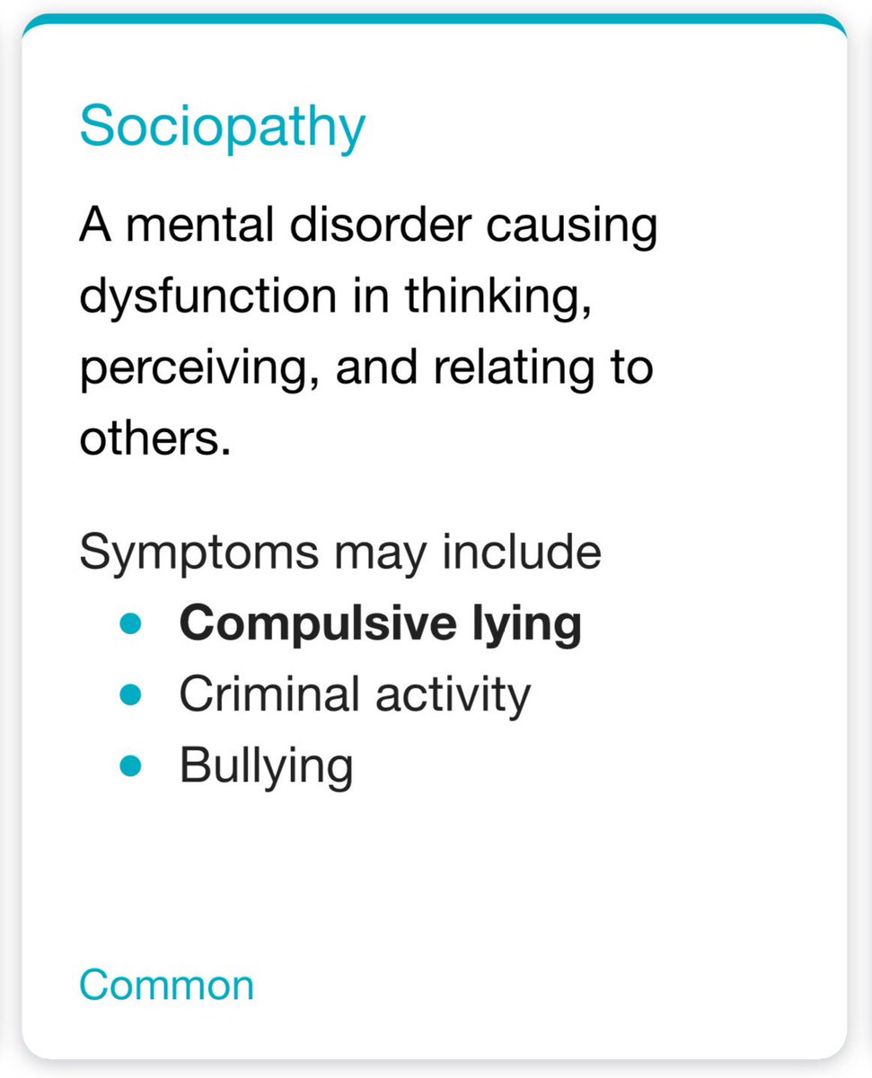 ProudSocialist's tweet image. Sociopathy is a mental disorder causing dysfunction in thinking, perceiving and relating to others. Symptoms include compulsive lying, criminal activity and bullying. An example of a sociopath is the current President of the United States.