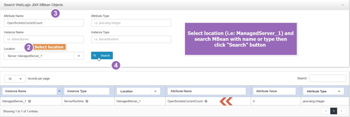 wlsdmcommunity's tweet photo. How To Search MBean On WLSDM ?

1. Go to "Operational Tools And Utils" from WLSDM menu then click "MBean Search"
2. Select location (i.e: ManagedServer_1) and search MBean with name or type then click "Search" button

#WebLogic #Search #MBean https://t.co/N5YTrFA7IC
