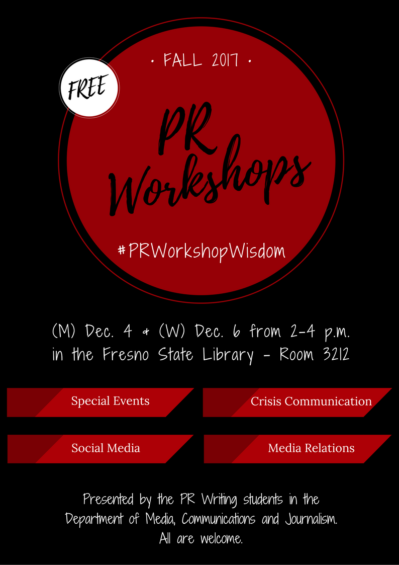 FSMCJDept's tweet image. Join the #FSPRWriting class as they present helpful PR workshops! These free workshops will take place on Monday, Dec. 4 and Wednesday, Dec. 6 from 2 - 4 p.m. in the Henry Madden Library, room 3212. Don't miss out on this great opportunity! #PRWorkshopWisdom