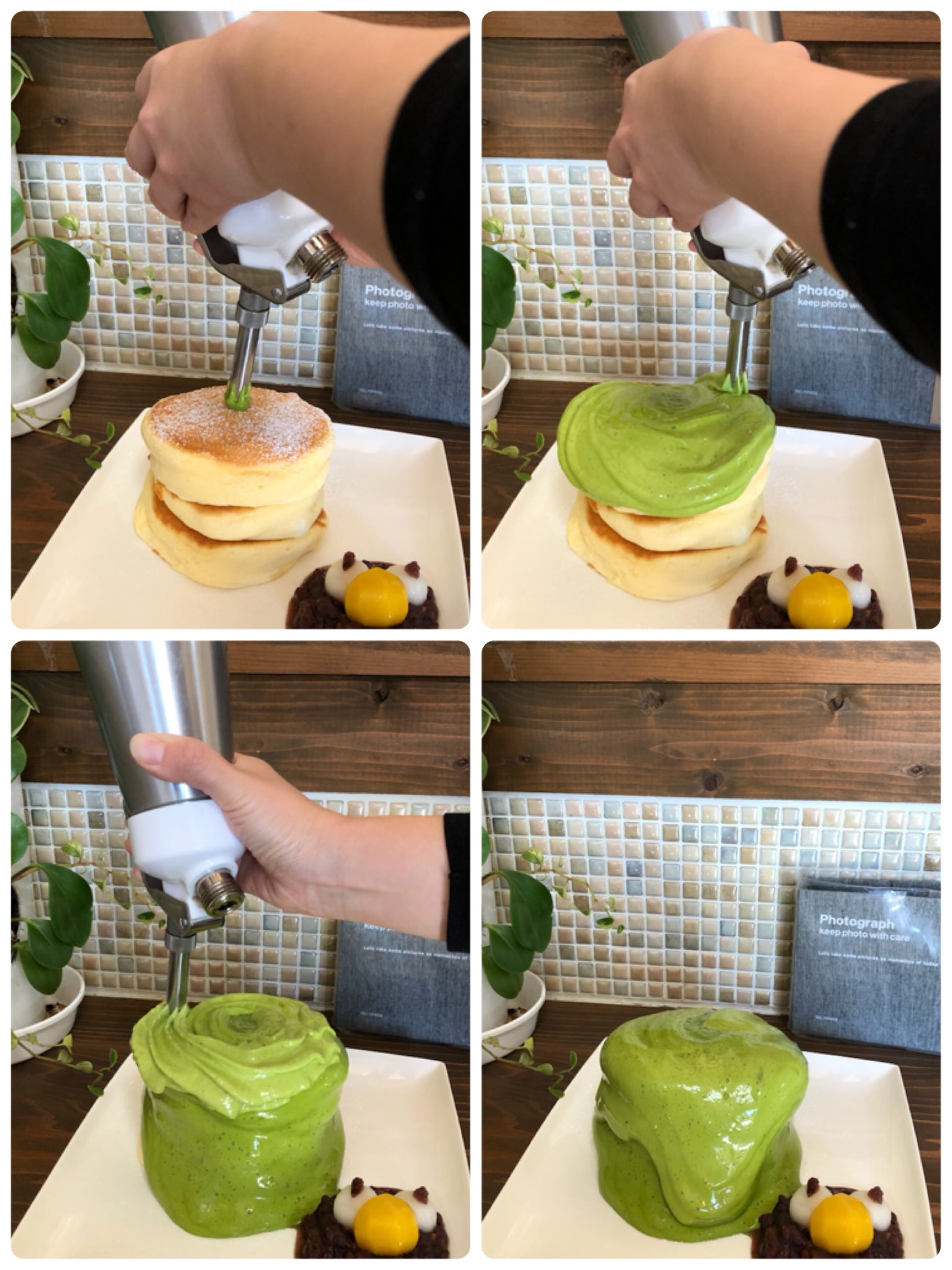 Twitter 上的 お食事男子 Luke パンケーキ 西尾の抹茶 抹茶エスプーマソースをかけ目の前で仕上げてくれます 専用器具でジュワーっと出てきて終わりかと思ったら 追いエスプーマでさらに抹茶まみれ パンケーキは完全に隠されてしまいました 抹茶は飲むのも食べるの