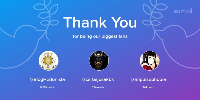 Our biggest fans this week: <a href="/BlogHedonista/">Blog Hedonista® by José María Toro</a>, <a href="/carbajosakbk/">Patty Carbajosa</a>, <a href="/Impulsephobia/">🌸Reverie🌸</a>. Thank you! via sumall.com/thankyou?utm_s…