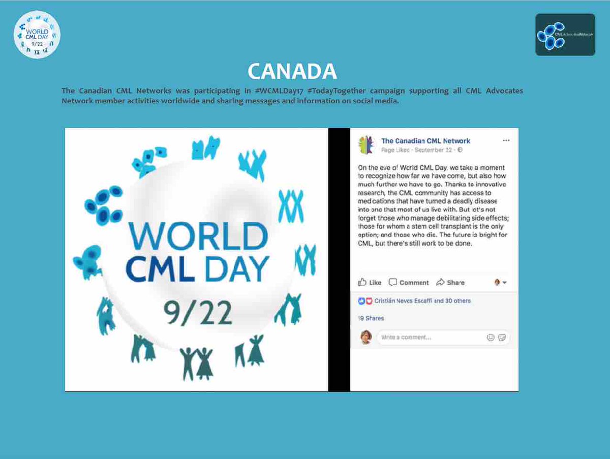 cmlnet's tweet photo. #Canada: The Canadian #CML Network @CdnCMLNetwork raising awareness on 9/22 #WCMLDay17 #TodayTogether Visit our website to check global activities and download the report to keep on raising awareness! https://t.co/ubuoQCPJuI #patient #advocacy https://t.co/AqJDanOZsz