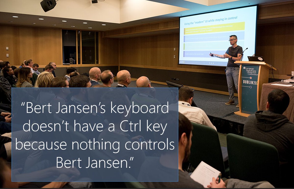 vesajuvonen's tweet photo. @O365Bert's keyboard doesn’t have a Ctrl key because nothing controls Bert Jansen. #ESPC17 #office365dev #forsmiles https://t.co/xQ9ocPCRJh