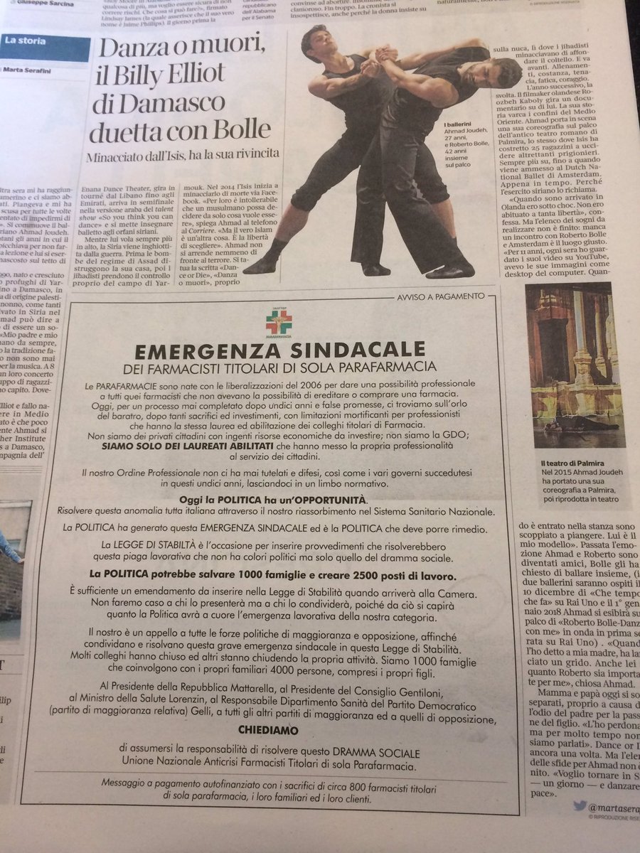 FabioSirsi's tweet photo. Siamo una categoria compatta, farmacisti tit. di parafarmacia che hanno solo la propria professionalità. Con sacrifici oggi abbiamo un appello su @Corriere per risolvere la nostra #emergenzasindacale @matteorenzi @federicogelli @TeresaBellanova @BeaLorenzin https://t.co/74sNFj2pX7