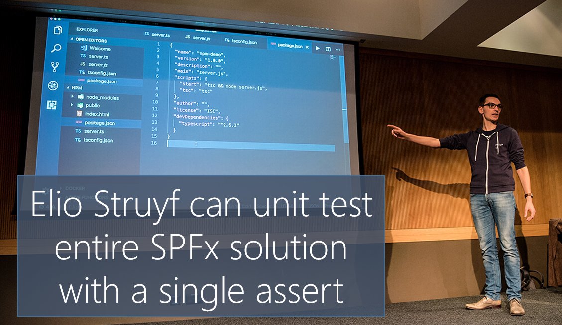 vesajuvonen's tweet photo. @eliostruyf can unit test entire SPFx solution with a single assert. #ESPC17 #office365dev #forsmiles https://t.co/b4c45F8KQM