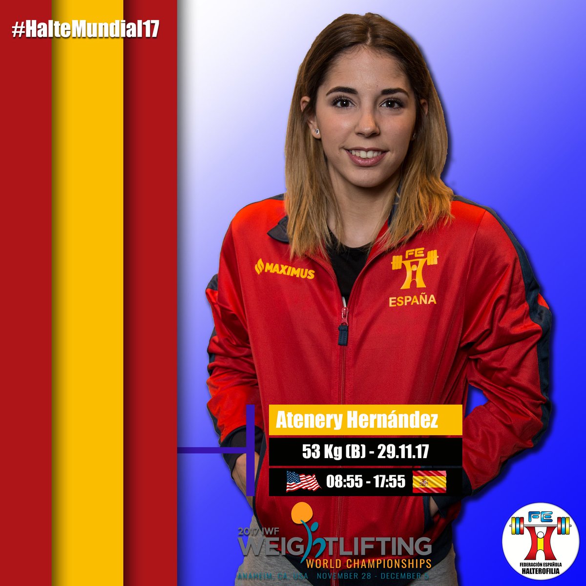 fedehalter's tweet photo. Atenery Hernández @AHdezPodium será la primera española en competir en el #17WWC #HalteMundial17 de Anaheim, California y lo hará hoy en el GRUPO B de la Categoría de 53Kg a las 08:55🇺🇸 17:55🇪🇸 ¡Mucha suerte campeona! 

DIRECTO: 🔴📺 https://t.co/8m1BUSLOIZ https://t.co/QysTCWzfuW