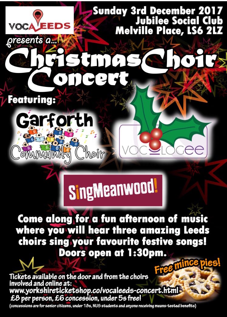 Come along this Sunday and see us perform alongside 2 other Leeds choirs! 
A event for all the family and there is FREE mince pies! #xmas #choirs