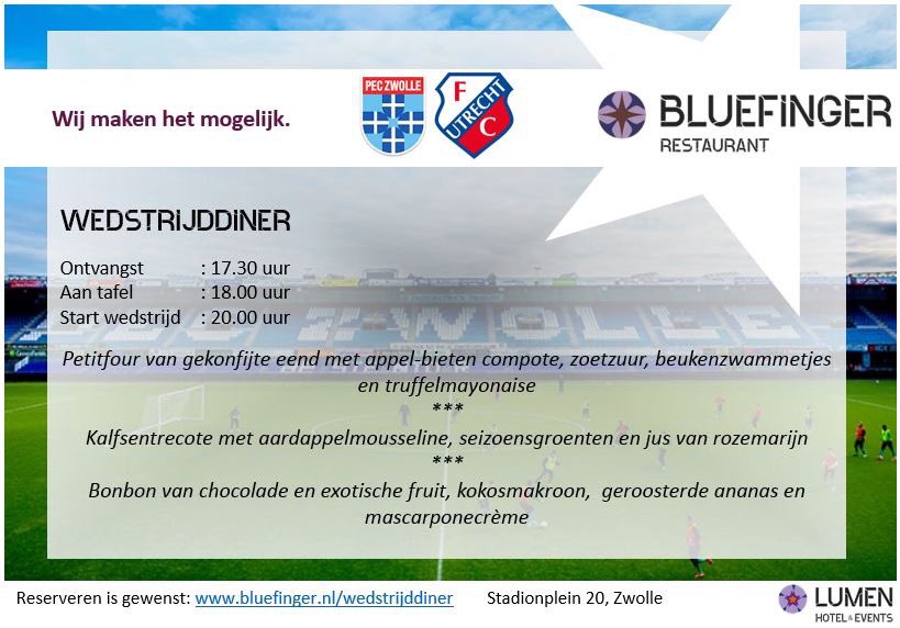 Rest_Bluefinger's tweet image. Aanstaande vrijdag voorafgaand @PECZwolle - FC Utrecht serveren wij weer weer een heerlijk wedstrijddiner. Heeft u al gereserveerd?
bluefinger.nl/priv%C3%A9-en-…