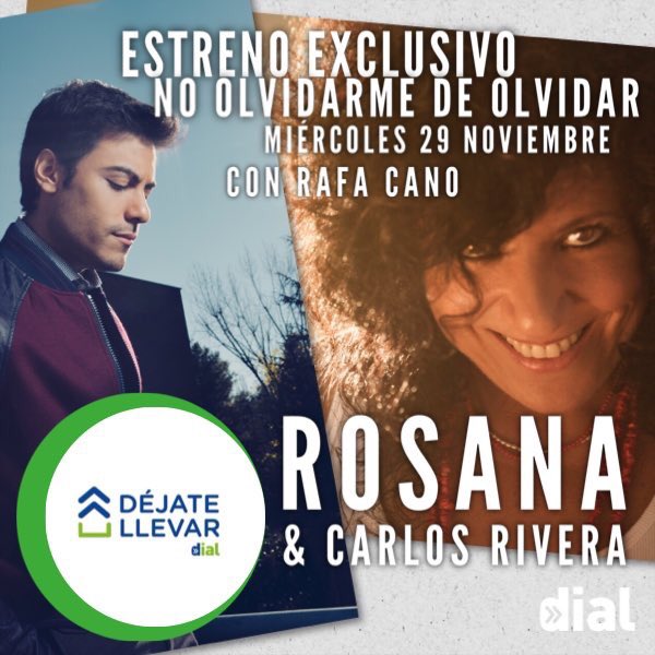 SoloTu_ESP's tweet photo. ¡¡HOY ESTRENO!! 
En #DéjateLlevar del dúo de @RosanaOficial junto a @_CarlosRivera 
#NoOlvidarmeDeOlvidar 
¡¡No lo olvides tú!! 
Sintoniza a las 18h @_DejateLlevar_ en @Cadena_Dial con @RafaCanoOficial @alvaritodiaz78 y @MJAledon_ https://t.co/PwNo8QxDBw
