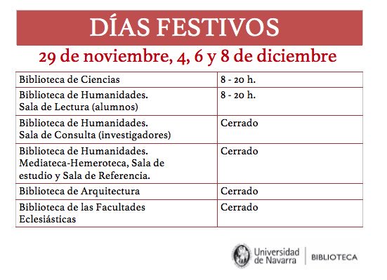 unavbiblioteca's tweet photo. Hoy, 29 de noviembre, festividad de San Saturnino, solo están abiertas la Biblioteca de Ciencias y Sala de Lectura
https://t.co/UNXyMoUoqt https://t.co/u6b7gaj3jB