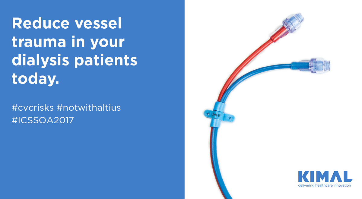 KimalPlc's tweet photo. Are you attending #ICSSOA2017 next week? Visit stand D1 to see how Altius RT’s soft, flexible PUR body can reduce vessel trauma for your dialysis patients. #cvcrisks #notwithaltius https://t.co/aGB1l8jxui