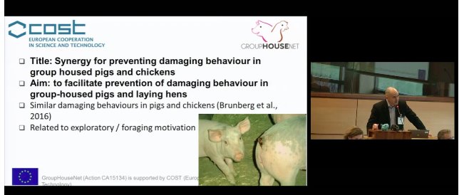 ElenaNalon's tweet photo. Andrew Janczak from #Norway now talking about scientific #GroupHouseNet network efforts to get research results out to farmers & industry #pigs #taildocking. More information on the project here: https://t.co/rFjbG5FoLx #endpigpain @Food_EU https://t.co/FfROa7vXSX