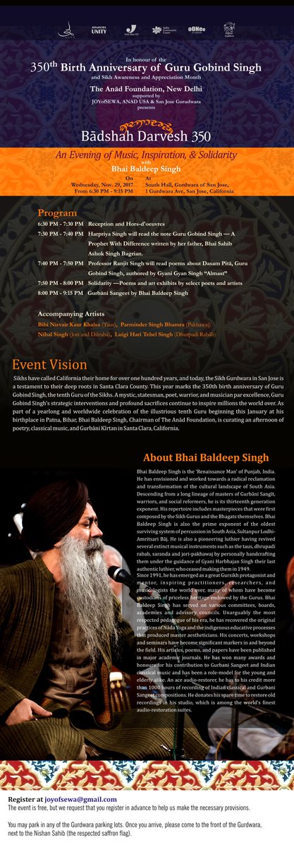 bhaibaldeep's tweet photo. Bādshah Darvesh: Celebrating 350th Birth Anniv. of Guru Gobind Singh TODAY!
It has been an honour to learn some fascinating Gurbani Sangeet repertoire from 20th-century's elders who kept gurus' heritage alive —will be my honour to share; please do join in with family &amp; friends! https://t.co/NYzOtigA31