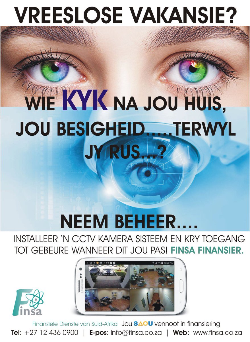BESKERM JOU EIENDOM EN GENIET 'N VREESLOSE VAKANSIE...Installeer #CCTV Kamera sisteme - <a href="/FINSA_SAOU/">FINSA</a> finansier. Skakel ons nou 012 436 0900 of stuur 'n e-pos info@finsa.co.za finsa.co.za/contact