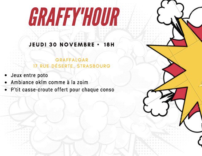 Salut,
Ptit Afterwork tranquillou au Graffalgar jeudi.
Ambiance cool avec jeux de société, jelly belly's, musique fin bref tout pour se détendre après le taff.
P'tit plus pendant les Graffy'Hours, pour une boisson achetée vous avec un ptit truc à grignoter cadeau.
 A jeudi ;) !
