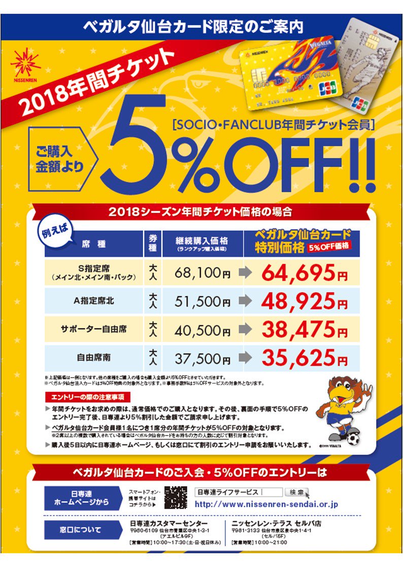 ট ইট র ベガルタ仙台実況アカウント 非公式 11月27日 月 より 18シーズンsocio Fanclub年間チケット の受付を開始しました ベガルタ仙台カード特典である年間チケット5 Offへのエントリーについてご案内いたします 仙台オフィシャル T Co