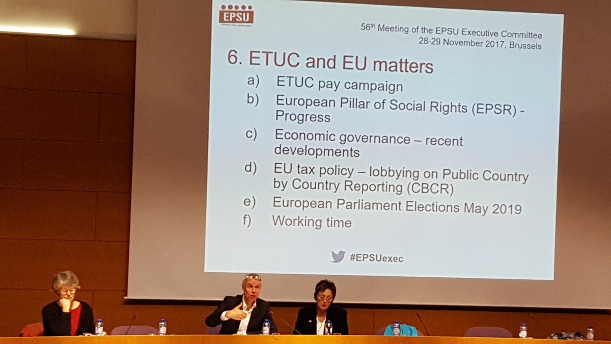 avillaverde14's tweet photo. Segundo día de la reunión del comité ejecutivo de FSESP. Nos preocupan las próximas elecciones al Parlamento europeo, los Paradise Papers, la política fiscal europea, la directiva sobre el tiempo de trabajo, ...., en fin, avanzamos. @FeSP_UGT @EPSUnions #9Minthedark https://t.co/p7PNlE3IfF